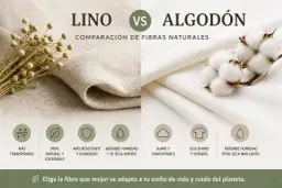 Comparación de tipos de lino y algodón. El lino es transpirable, natural, duradero y de secado rápido. El algodón es suave, cómodo y de secado lento.
