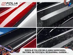 Przykłady folii na auto: czerwono-białe pasy, karbon, czarny połysk i matowy karbon. Różne kolory i faktury do oklejania aut.