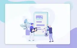 Ilustracja prawników z wagą sprawiedliwości i symbolem R.