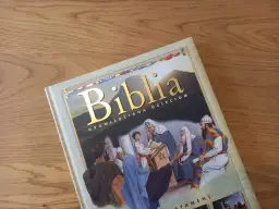 Okładka Biblii opowiedzianej dzieciom, z ilustracją sceny biblijnej i złotym napisem. Idealna do czytania opowieści biblijnych dla dzieci.