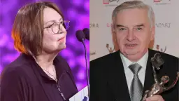 Kobieta w okularach i mężczyzna w garniturze trzymający statuetkę.