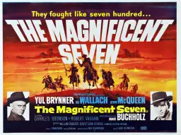 Plakat filmu "Siedmiu wspaniałych obsada" z Yulem Brynnerem i Steve'em McQueenem. Siedmiu rewolwerowców na koniach w westernowym krajobrazie.