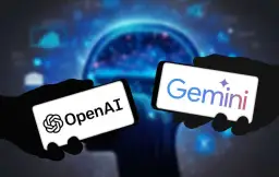 Dwie dłonie trzymają smartfony z logotypami OpenAI i Gemini. Tło to stylizowany mózg i wykresy, sugerujące rywalizację AI, jak Bard GPT.