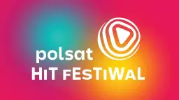 Logo Polsat Hit Festiwal na tle gradientu. Biały napis "polsat" i "HiT FESTIWAL" obok stylizowanego symbolu odtwarzania.