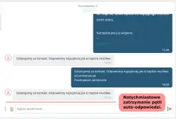 Przykład autoresponder w akcji: system odpowiada na zapytanie klienta, a następnie użytkownik może przerwać pętlę automatycznych odpowiedzi.