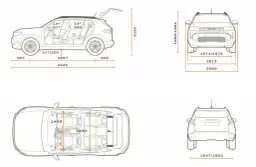 Schemat Dacia Duster z wymiarami. Widok z boku pokazuje długość 4343 mm, a z góry szerokość wnętrza 1443 mm.