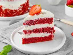 Deliciosa tarta red velvet en capas, cubierta con crema y fresa. Un postre irresistible.