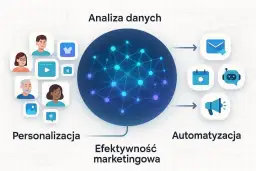Grafika przedstawia schemat analizy danych z wykorzystaniem narzędzi AI. Personalizacja i automatyzacja działań marketingowych dzięki sztucznej inteligencji.