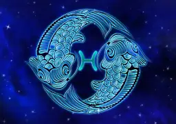 Dwa niebieskie, stylizowane ryby tworzą symbol Ryb, znaku zodiaku dla osób urodzonych 21 lutego.