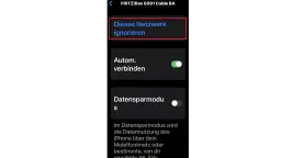 iPhone-Einstellungen: "Dieses Netzwerk ignorieren" Option hervorgehoben.