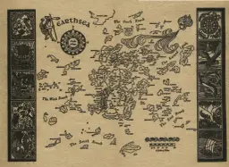 Najciekawsze mapy w literaturze: od Śródziemia po Westeros i ich funkcje. Mapa Archipelagu Ziemi Morza, z podziałem na Zasięg Północny, Południowy, Wschodni i Zachodni, z zaznaczonymi wyspami i morzami.