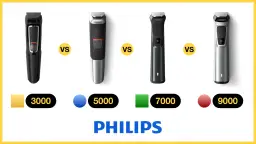 Cztery różne modele golarek Philips: 3000, 5000, 7000 i 9000, z oznaczeniami VS.