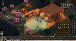 Pixelartowa wioska z kwitnącymi wiśniami. Elin i inni bohaterowie krzątają się wokół drewnianych domków i ścieżek.
