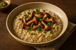Cremoso risotto de boletus, coronado con setas salteadas y perejil fresco. Un plato reconfortante y lleno de sabor.