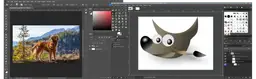 Porównanie interfejsów GIMP i Photoshop. Na ekranie widać zdjęcie psa w górach, a obok logo GIMP z pędzlem.