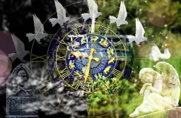Anioł czuwa nad horoskopem miłosnym, podczas gdy gołębie symbolizują wolność i nadzieję. Czas płynie, a zodiak zapowiada przyszłość.