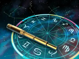 Złoty teleskop na tle koła zodiaku i konstelacji.