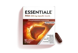 Opakowanie leku Essentiale Max 600 mg. Grafika przedstawia wątrobę, sugerując, że to ast co to za badanie. Lek bez recepty.
