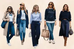 Cinco mujeres lucen atuendos elegantes con tonos tierra y azul marino, mostrando cómo los colores que combinan con el azul crean looks sofisticados.