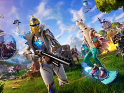 Postacie z Fortnite, gry, która ma już swoje lata, w akcji na tle nieba i zielonej trawy.