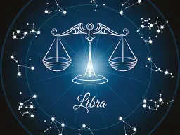 Symbol wagi znak zodiaku, otoczony konstelacjami na tle nocnego nieba.