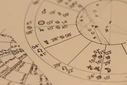 Zbliżenie na astrologiczne wykresy z symbolami planet i znaków zodiaku. Widać fragmenty horoskopów, które mogą dotyczyć osób urodzonych w listopadzie, czyli znak zodiaku Skorpion lub Strzelec.