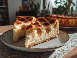 Dwa kawałki puszystego sernika krakowskiego z kratką z ciasta na wierzchu, podane na talerzyku.