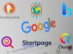 Logo wyszukiwarek: DuckDuckGo, Google, Bing, Startpage, Brave i Qwant. Qwant wyszukiwarka stawia na prywatność.