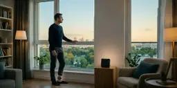 Mężczyzna w domu z opaską na nodze, symbolizującą dozór elektroniczny, patrzy przez okno na miasto.