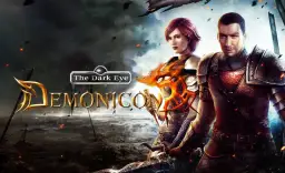 Bohaterowie w zbrojach stoją na tle mrocznego, burzowego krajobrazu. Logo gry "The Dark Eye: Demonicon" jest widoczne.