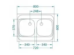 Schemat zlew dwukomorowy wymiary: 800x600 mm, komory 340x370 mm.