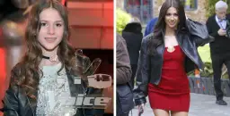 Roxy Węgiel jako młoda dziewczyna z nagrodą The Voice Kids i jako dorosła kobieta w czerwonej sukience i skórzanej kurtce.