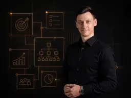 Mężczyzna w czarnej koszuli prezentuje schemat analizy celów, wzrostu, zespołu i danych. To kluczowe elementy audytu marketingowego.
