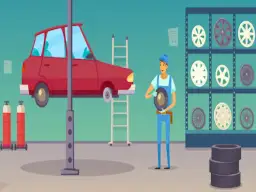 Mechanik w warsztacie sprawdza rozmiar opon do Citroen Berlingo. Na półkach widać różne felgi, a obok stos opon.