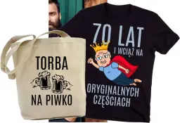 Torba na piwo i koszulka z napisem "70 lat i wciąż na oryginalnych częściach" to idealny zestaw na 70 urodziny.