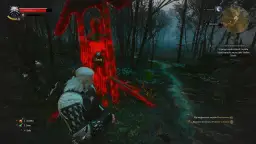 Geralt bada ślady panie lasu w mrocznym lesie. Czerwony zarys wskazuje na miejsce, gdzie należy użyć wiedźmińskich zmysłów.