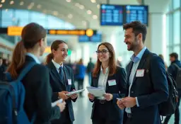 Des employés du tourisme discutent dans un aéroport, peut-être à propos de la convention collective tourisme.