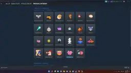 Ekran Steam z nagrodami, gdzie można zobaczyć jak kupić punkty Steam. Widoczne są różne ikony, np. zwierzęta, jedzenie, przedmioty.