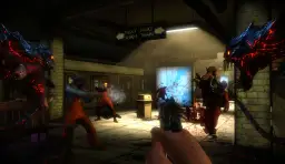 W metrze w "The Darkness 2" potwory atakują ludzi. Jeden z nich strzela do potwora.
