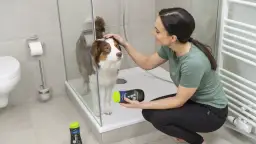 Mujer acaricia a su perro mientras lo baña en la ducha, sosteniendo un champú especial para mascotas.