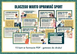 Ilustracja przedstawia różne korzyści płynące z uprawiania sportu, z ikonami i krótkimi opisami.