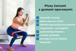 Kobieta wykonuje przysiad z gumami oporowymi na udach i ramionach. To świetne, jakie gumy do ćwiczeń pomagają wzmocnić mięśnie i rzeźbić sylwetkę.
