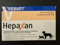 Opakowanie preparatu Hepaxan dla psów i kotów, wspierające wątrobę. Zawiera 60 tabletek.