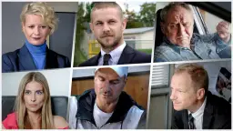 Portretowa kolaż z serialu "Bad Boy". Widać tu fragmenty twarzy i sylwetek aktorów z obsady: kobiety w granatowej marynarce, mężczyzny w garniturze, starszego mężczyzny w kratę, kobiety w różowej bluzce i mężczyzny z plastrem na czole.