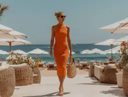 Mujer con vestido naranja y bolso de mimbre pasea por la playa, luciendo unos casual looks perfectos para el verano.