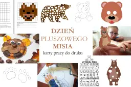 Kolaż z różnymi wizerunkami misiów: rysunki, maska, misie z liści, karty pracy.