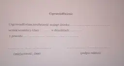 Usprawiedliwienie nieobecności w szkole. Formularz do wypełnienia przez rodzica, zawiera pola na dane ucznia, datę i powód absencji.