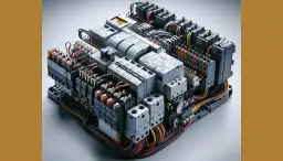 Złożony panel elektryczny z bezpiecznikami, przekaźnikami i przewodami.