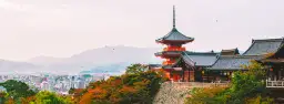 Widok na tradycyjne pagody i dachy w jednym z miast w Japonii, z rozległą panoramą zabudowań w tle.