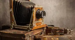 Antyczny aparat mieszkowy na kufrach. Zastanawiasz się, w którym roku wynaleziono aparat fotograficzny?